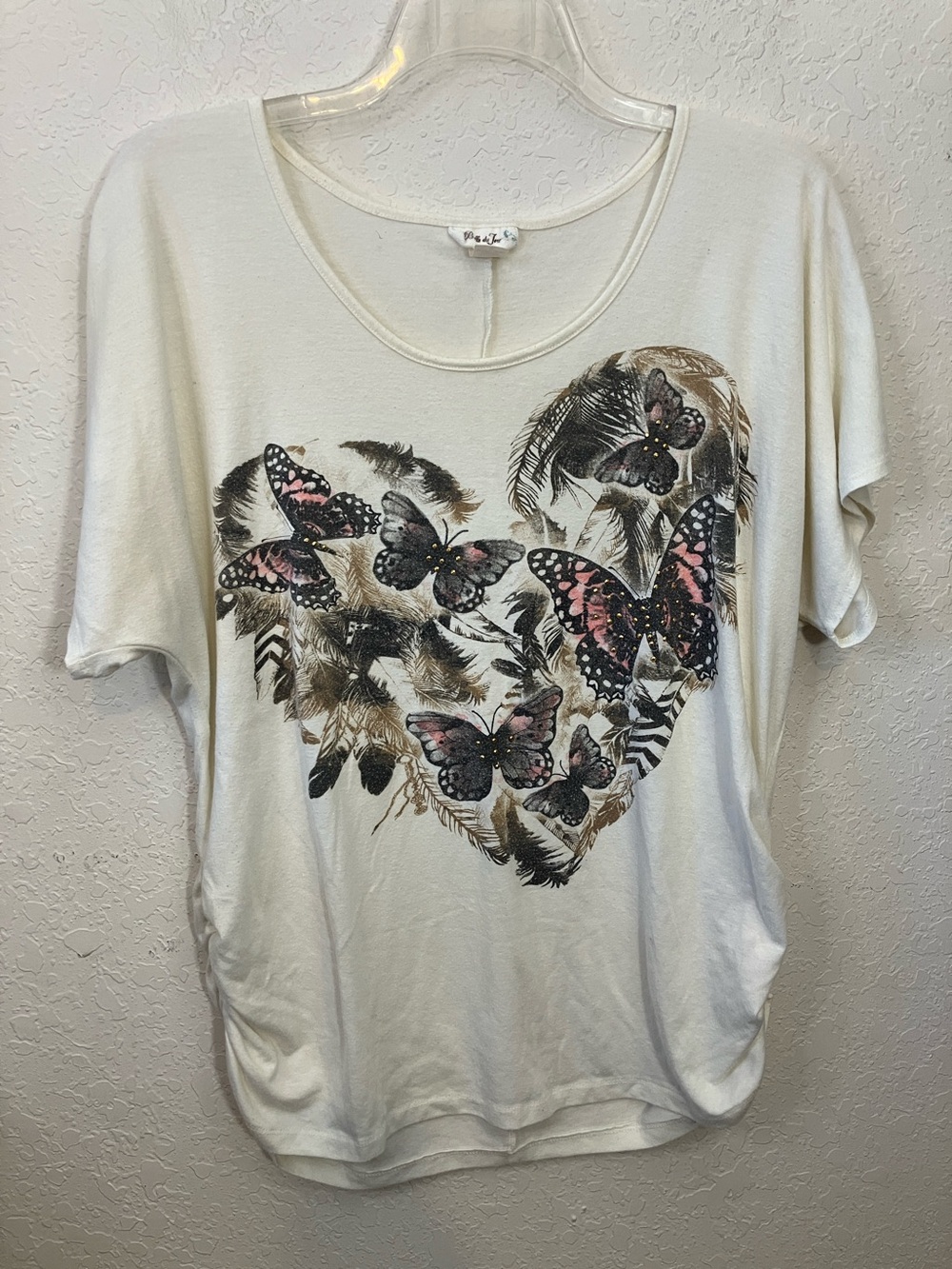 Belle Du Jour Cream Short Sleeve Top with Pink & Black Butterfly Heart